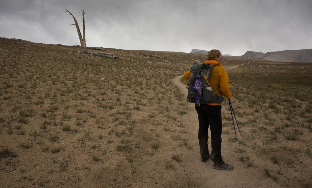 Big horn plateau and our first peak at Mt. Whitney, to the left of my head.